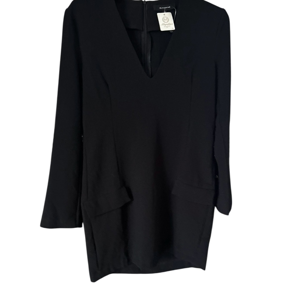 NWT Olivaceous Women's Button Sleeve Dress Sz MED Black Manifique Deep V-Neck